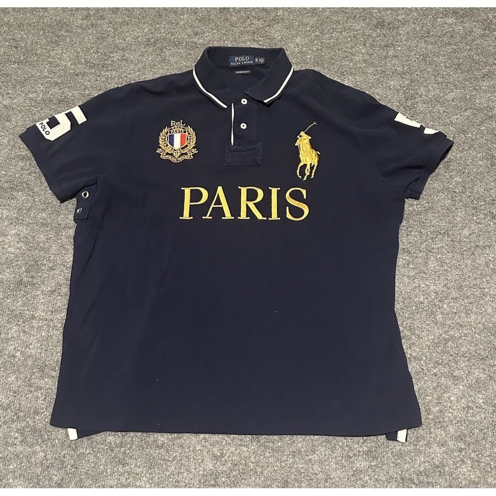 Polo Ralph Lauren Custom Slim Fit Polo Shirt Blue Paris Embroidered Logo #5 XL